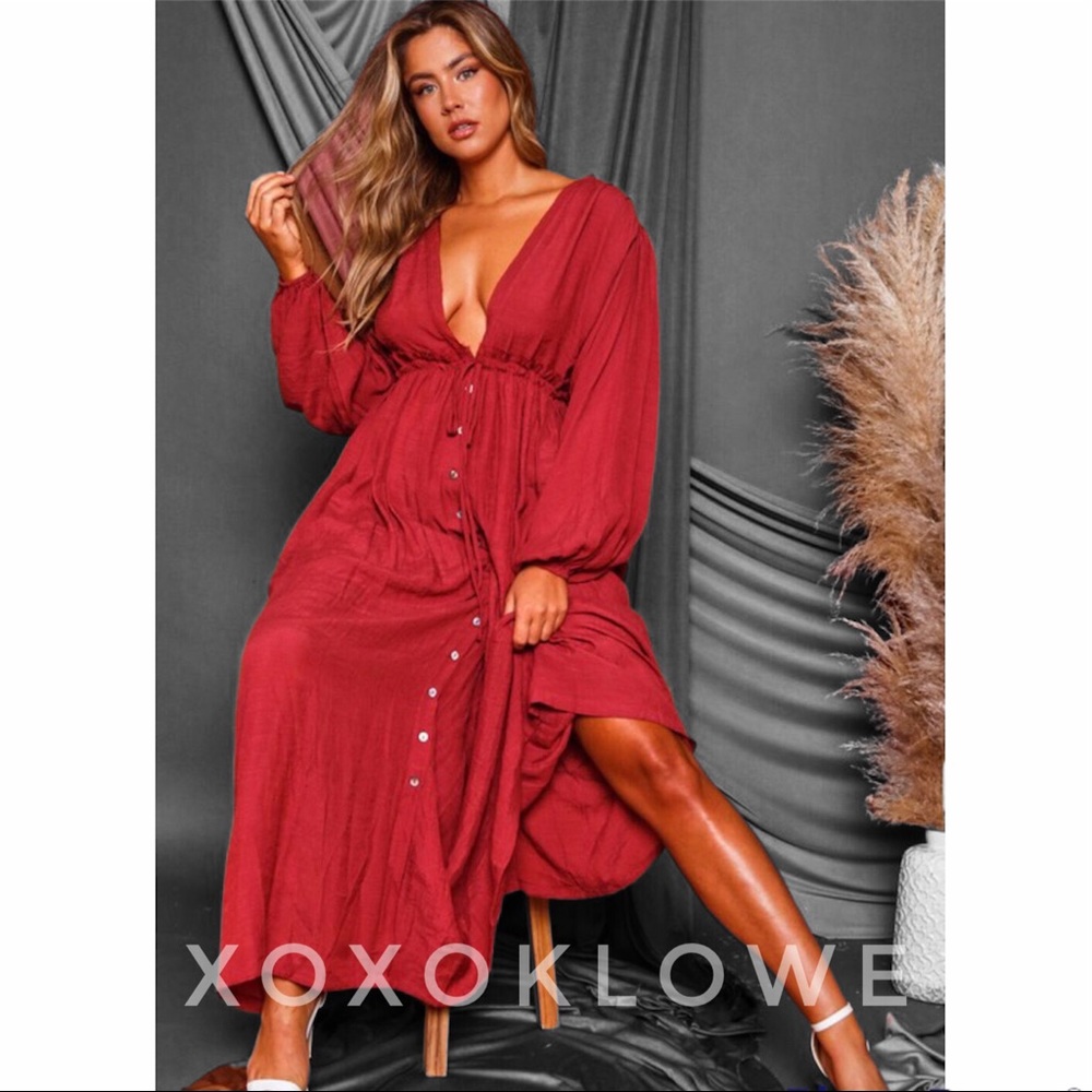 Rusted Red Brick Long Sleeve Maxi Dress